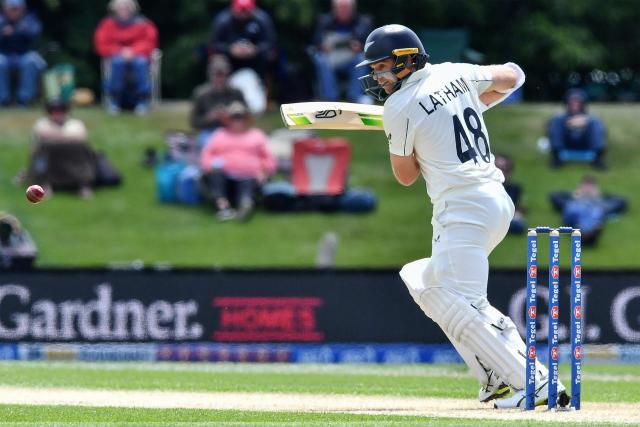 New Zealand's Tom Latham bats during day three of the first Test cricket match between New Zealand and West Indies at Hagley Oval in Christchurch on December 4, 2025. (Photo by Sanka Vidanagama / AFP)