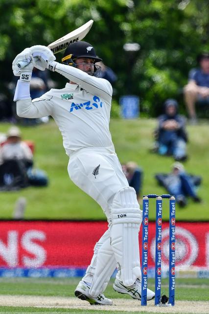 New Zealand's Devon Conway bats during day three of the first Test cricket match between New Zealand and West Indies at Hagley Oval in Christchurch on December 4, 2025. (Photo by Sanka Vidanagama / AFP)