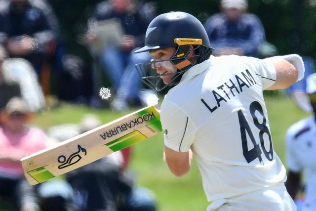 New Zealand's Tom Latham bats during day three of the first Test cricket match between New Zealand and West Indies at Hagley Oval in Christchurch on December 4, 2025. (Photo by Sanka Vidanagama / AFP)