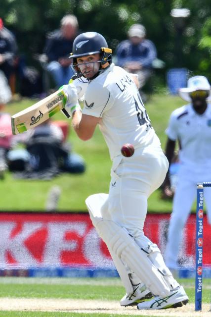 New Zealand's Tom Latham bats during day three of the first Test cricket match between New Zealand and West Indies at Hagley Oval in Christchurch on December 4, 2025. (Photo by Sanka Vidanagama / AFP)
