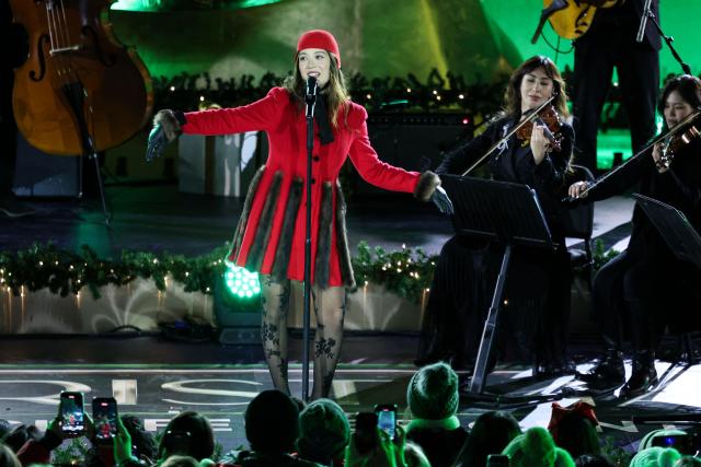 Icelandic singer Laufey performs during the Rockefeller Center Christmas Tree Lighting in New York on December 3, 2025. (Photo by CHARLY TRIBALLEAU / AFP)