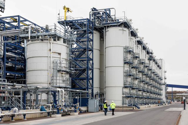 A part of the chemical plants of the UPM Biorefining & Technology the Leuna Chemical Park near Leuna is pictured on November 14, 2025. Finnish materials group UPM unveiled a refinery in the east German state of Saxony-Anhalt in the summer, taking a big risk on a 1.3 billion euro project ($1.5 billion) at a difficult time for the German chemicals sector. (Photo by JENS SCHLUETER / AFP) / TO GO WITH AFP STORY