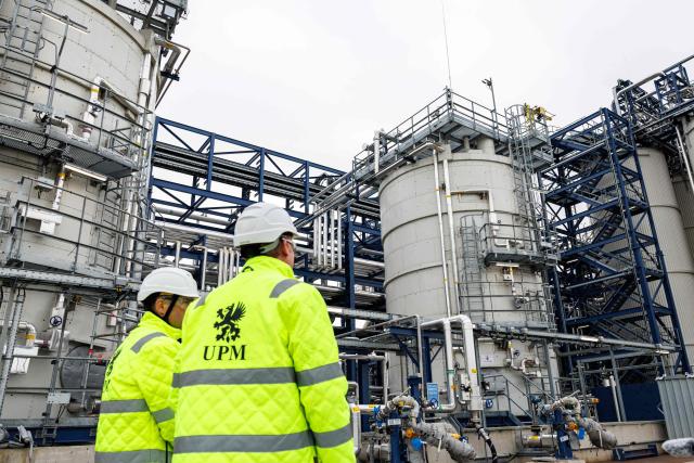 A part of the chemical plants of the UPM Biorefining & Technology the Leuna Chemical Park near Leuna is pictured on November 14, 2025. Finnish materials group UPM unveiled a refinery in the east German state of Saxony-Anhalt in the summer, taking a big risk on a 1.3 billion euro project ($1.5 billion) at a difficult time for the German chemicals sector. (Photo by JENS SCHLUETER / AFP) / TO GO WITH AFP STORY