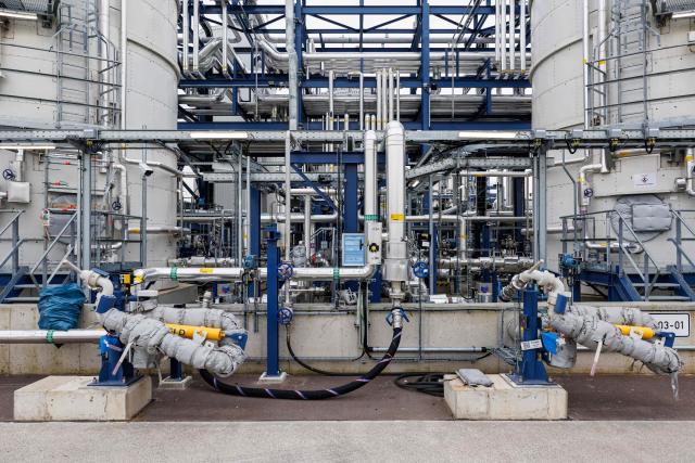 A part of the chemical plants of the UPM Biorefining & Technology the Leuna Chemical Park near Leuna is pictured on November 14, 2025. Finnish materials group UPM unveiled a refinery in the east German state of Saxony-Anhalt in the summer, taking a big risk on a 1.3 billion euro project ($1.5 billion) at a difficult time for the German chemicals sector. (Photo by JENS SCHLUETER / AFP) / TO GO WITH AFP STORY