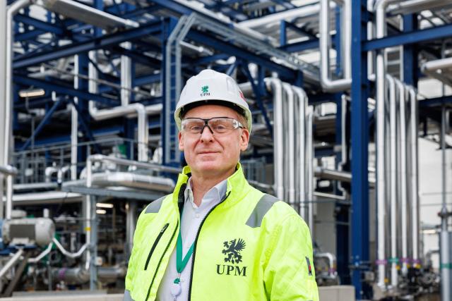 Harald Dialer, Executive Vice President Technology of UPM Biorefining & Technology stands in the front of the chemical plants of the UPM Biorefining & Technology in the Leuna Chemical Park near Leuna on November 14, 2025. Finnish materials group UPM unveiled a refinery in the east German state of Saxony-Anhalt in the summer, taking a big risk on a 1.3 billion euro project ($1.5 billion) at a difficult time for the German chemicals sector. (Photo by JENS SCHLUETER / AFP) / TO GO WITH AFP STORY
