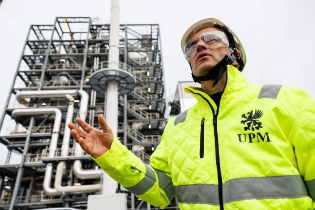 Martin Ledwon, Vice President Marketing, Sustainability & Communications of UPM Biorefining & Technology stands in the front of the chemical plants of the UPM Biorefining & Technology in the Leuna Chemical Park near Leuna on November 14, 2025. Finnish materials group UPM unveiled a refinery in the east German state of Saxony-Anhalt in the summer, taking a big risk on a 1.3 billion euro project ($1.5 billion) at a difficult time for the German chemicals sector. (Photo by JENS SCHLUETER / AFP) / TO GO WITH AFP STORY