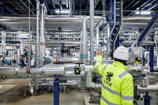 A part of the chemical plants of the UPM Biorefining & Technology the Leuna Chemical Park near Leuna is pictured on November 14, 2025. Finnish materials group UPM unveiled a refinery in the east German state of Saxony-Anhalt in the summer, taking a big risk on a 1.3 billion euro project ($1.5 billion) at a difficult time for the German chemicals sector. (Photo by JENS SCHLUETER / AFP) / TO GO WITH AFP STORY