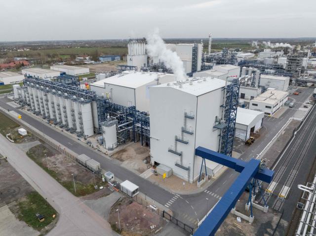 An aerial view shows the chemical plants of the UPM Biorefining & Technology the Leuna Chemical Park near Leuna on November 14, 2025. Finnish materials group UPM unveiled a refinery in the east German state of Saxony-Anhalt in the summer, taking a big risk on a 1.3 billion euro project ($1.5 billion) at a difficult time for the German chemicals sector. (Photo by JENS SCHLUETER / AFP) / TO GO WITH AFP STORY