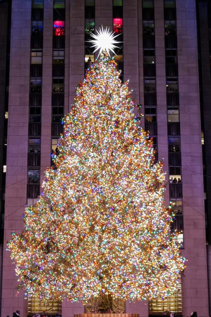 The Christmas tree stands illuminated moments after being lit during the Rockefeller Center Christmas Tree Lighting in New York City on December 3, 2025. (Photo by CHARLY TRIBALLEAU / AFP)