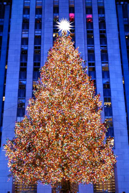 The Christmas tree stands illuminated moments after being lit during the Rockefeller Center Christmas Tree Lighting in New York City on December 3, 2025. (Photo by CHARLY TRIBALLEAU / AFP)