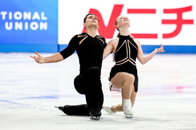 Canada's Ava Kemp and Yohnatan Elizarov compete in the Junior Pairs Short Program at the ISU Grand Prix of Figure Skating Final in Nagoya on December 4, 2025. (Photo by PAUL MILLER / AFP)