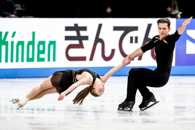 Canada's Ava Kemp and Yohnatan Elizarov compete in the Junior Pairs Short Program at the ISU Grand Prix of Figure Skating Final in Nagoya on December 4, 2025. (Photo by PAUL MILLER / AFP)