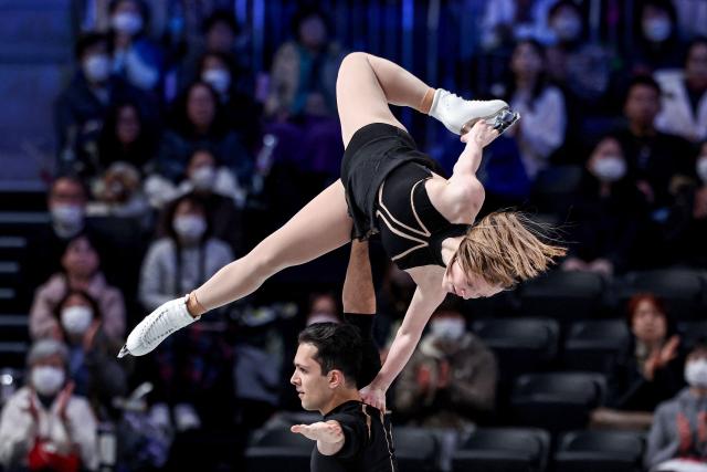 Canada's Ava Kemp and Yohnatan Elizarov compete in the Junior Pairs Short Program at the ISU Grand Prix of Figure Skating Final in Nagoya on December 4, 2025. (Photo by PAUL MILLER / AFP)