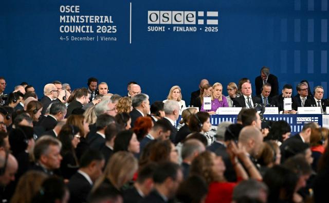 Participants attend a Ministerial Council meeting of the Oranization for Security and Co-operation in Europe (OSCE) on December 4, 2025 in Vienna, Austria. (Photo by Joe Klamar / AFP)