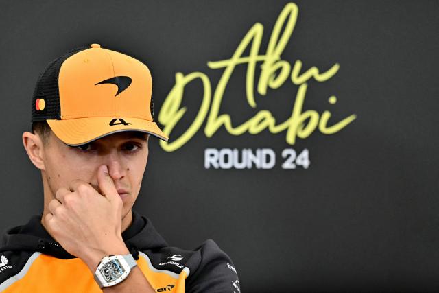 McLaren's British driver Lando Norris attend a press conference ahead of the Abu Dhabi Formula One Grand Prix at the Yas Marina Circuit in Abu Dhabi on December 4, 2025. (Photo by Giuseppe CACACE / AFP)