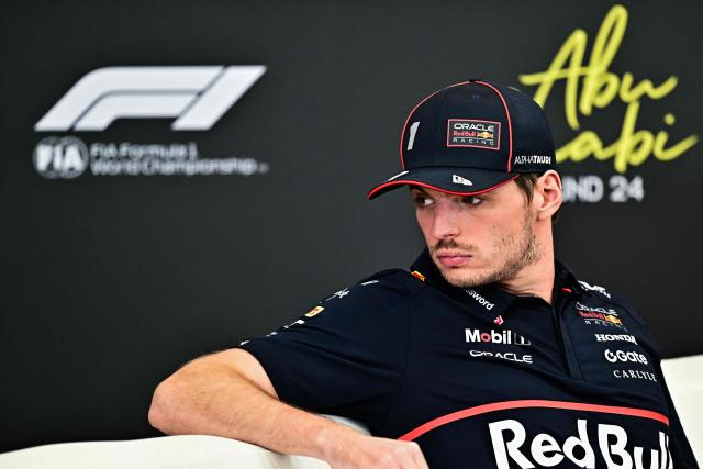 Red Bull Racing's Dutch driver Max Verstappen attends a press conference ahead of the Abu Dhabi Formula One Grand Prix at the Yas Marina Circuit in Abu Dhabi on December 4, 2025. (Photo by Giuseppe CACACE / AFP)
