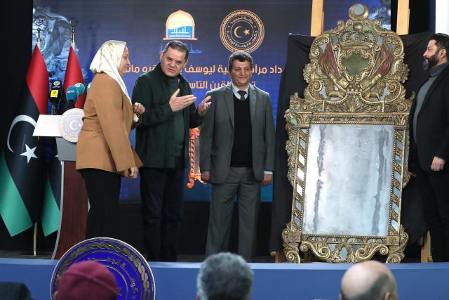 Libya’s Prime Minister Abdelhamid Dbeibah speaks during a press conference in Tripoli on December 4 after the the return of a 19th-century mirror once owned by Yusuf Pasha al-Qaramanli to Libya from the US. (Photo by Mahmud Turkia / AFP)