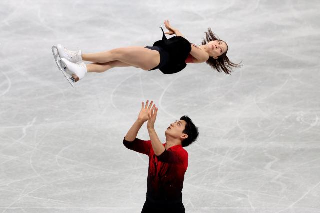 Japan's Riku Miura and Ryuichi Kihara compete in the Senior Pairs Short Program at the ISU Grand Prix of Figure Skating Final in Nagoya on December 4, 2025. (Photo by PAUL MILLER / AFP)