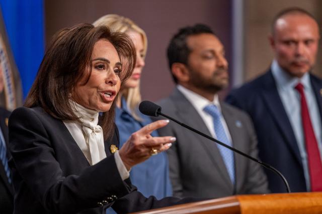 US Attorney for the District of Columbia Jeanine Pirro speaks during a news conference at the Department of Justice to discuss the arrest of man in connection with pipe bombs placed near the Democratic and Republican party headquarters on the eve of the January 6, 2021 US Capitol riot,  in Washington, DC, on December 4, 2025. (Photo by DANIEL HEUER / AFP)