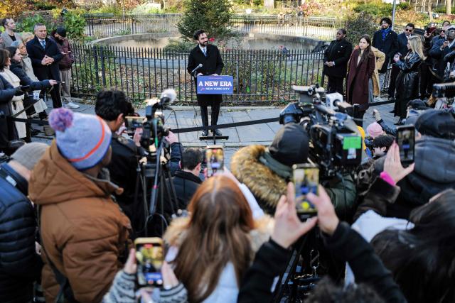 New York City Mayor-elect Zohran Mamdani speaks to the press after attending a hot chocolate distribution event in New York on December 4, 2025. (Photo by CHARLY TRIBALLEAU / AFP)