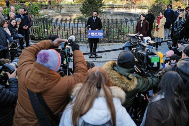 New York City Mayor-elect Zohran Mamdani speaks to the press after attending a hot chocolate distribution event in New York on December 4, 2025. (Photo by CHARLY TRIBALLEAU / AFP)