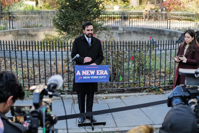 New York City Mayor-elect Zohran Mamdani speaks to the press after attending a hot chocolate distribution event in New York on December 4, 2025. (Photo by CHARLY TRIBALLEAU / AFP)