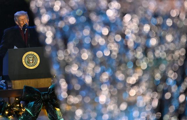 US President Donald Trump speaks as he attends the National Christmas Tree Lighting at the Ellipse in Washington, DC, on December 4, 2025. (Photo by Alex WROBLEWSKI / AFP)