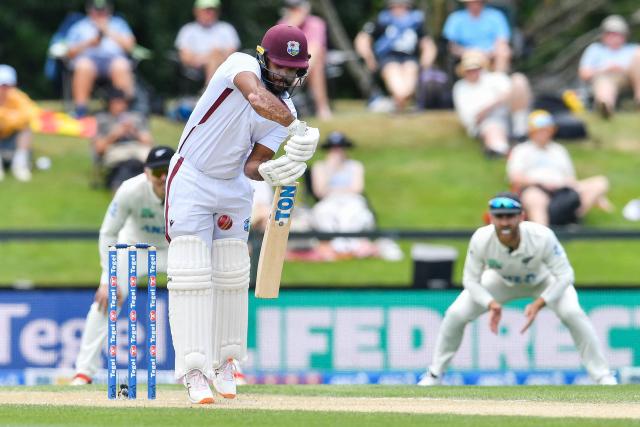 West Indies' John Campbell bats during day four of the first Test cricket match between New Zealand and West Indies at Hagley Oval in Christchurch on December 5, 2025. (Photo by Sanka Vidanagama / AFP)