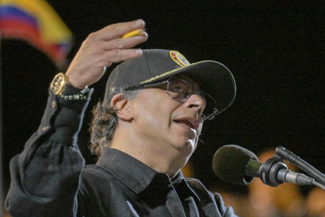 Colombia's President Gustavo Petro speaks during a promotion ceremony at the Marco Fidel Suarez Air Force base in Cali, Colombia on December 4, 2025. (Photo by JOAQUIN SARMIENTO / AFP)