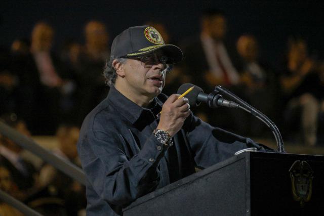 Colombia's President Gustavo Petro speaks during a promotion ceremony at the Marco Fidel Suarez Air Force base in Cali, Colombia on December 4, 2025. (Photo by JOAQUIN SARMIENTO / AFP)