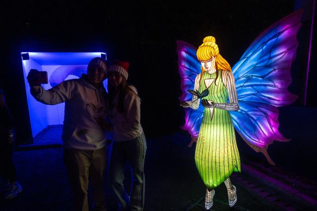 Visitors enjoy the Brilla Light Festival as part of Christmas celebrations in Bogota on December 4, 2025. (Photo by Luis ACOSTA / AFP)