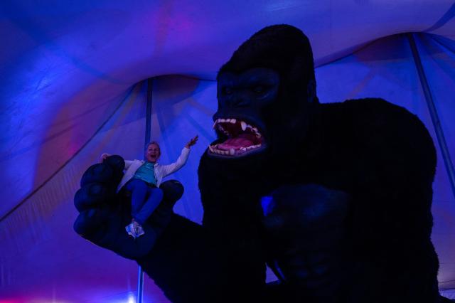 A woman poses for pictures on the hand of a giant gorilla at the Brilla Light Festival as part of Christmas celebrations in Bogota on December 4, 2025. (Photo by Luis ACOSTA / AFP)