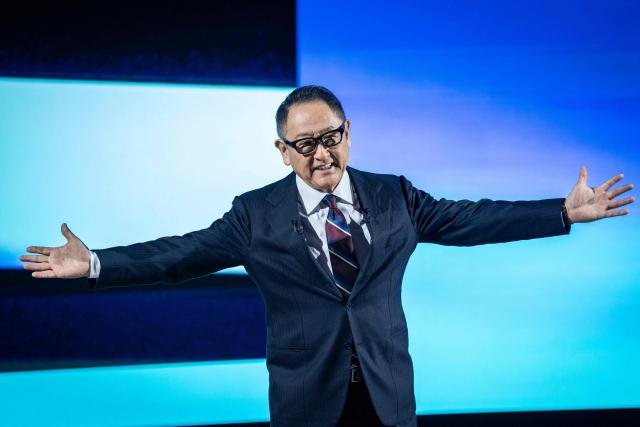 Toyota Motor Corporation Board Chairman Akio Toyoda delivers a speech during the company’s all-new sports models World Premiere at the Toyota Woven City in Susono, Shizuoka prefecture on December 5, 2025. (Photo by Yuichi YAMAZAKI / AFP)