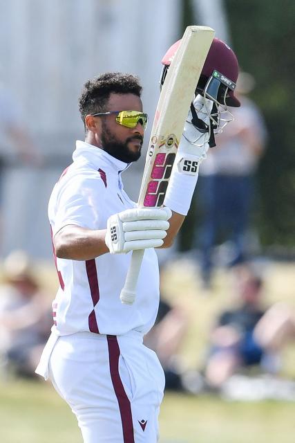 West Indies' Shai Hope celebrates his century during day four of the first Test cricket match between New Zealand and West Indies at Hagley Oval in Christchurch on December 5, 2025. (Photo by Sanka Vidanagama / AFP)