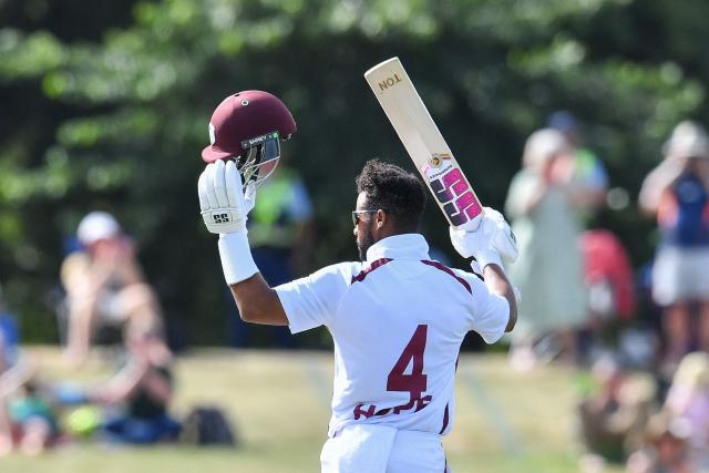 West Indies' Shai Hope celebrates his century during day four of the first Test cricket match between New Zealand and West Indies at Hagley Oval in Christchurch on December 5, 2025. (Photo by Sanka Vidanagama / AFP)