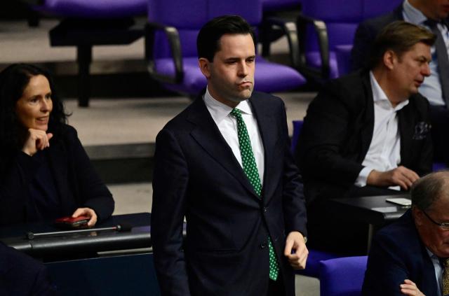 Johannes Winkel (C), leader of the youth organisation "Junge Union" (young union, JU) of Germany's Christian Democratic Union (CDU) party, attends a plenary session at the Bundestag, Germany's lower house of parliament in Berlin on December 5, 2025. German MP's are voting on a controversial pension package and a new military service plan. (Photo by John MACDOUGALL / AFP)