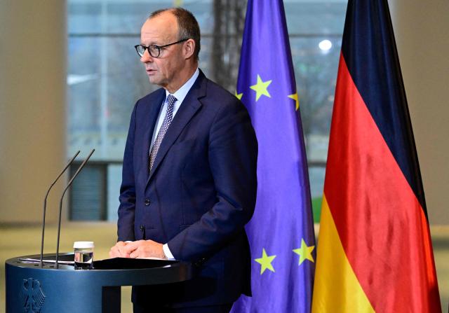 CORRECTION / German Chancellor Friedrich Merz delivers a statement at the chancellery after a  pensions bill passed Germany's Bundestag, in Berlin on December 5, 2025. The bill, which passed with 319 voting in favour, had become a key point of contention in the government, with Merz having to balance the demands of his leftist SDU coalition partners with younger members of his conservative CDU/CSU alliance. (Photo by John MACDOUGALL / AFP) / The erroneous mention[s] appearing in the metadata of this photo by John MACDOUGALL has been modified in AFP systems in the following manner: [at the chancellery ] instead of [at the Bundestag, Germany's lower house of parliament]. Please immediately remove the erroneous mention[s] from all your online services and delete it (them) from your servers. If you have been authorized by AFP to distribute it (them) to third parties, please ensure that the same actions are carried out by them. Failure to promptly comply with these instructions will entail liability on your part for any continued or post notification usage. Therefore we thank you very much for all your attention and prompt action. We are sorry for the inconvenience this notification may cause and remain at your disposal for any further information you may require.