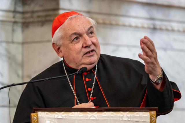 Cardinal Jean-Marc Aveline, Archbishop of Marseille, gives a speech during the opening ceremony of the exhibition "Tresors d'Armenie 1512-1828" at the Notre-Dame de la Garde Basilica in Marseille, on December 5, 2025. (Photo by Miguel MEDINA / AFP)