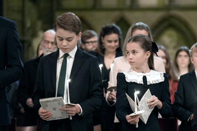Britain's Prince George of Wales and Britain's Princess Charlotte of Wales attend the fifth annual "Together At Christmas" Carol Service" at Westminster Abbey in London on December 5, 2025. (Photo by Aaron Chown / POOL / AFP)