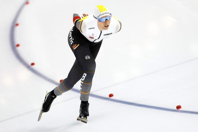 Belgium's Sandrine Tas competes in the women's 5,000 meters during ISU Speed Skating World Cup, round 3, at the Thialf Stadium, in Heerenven, on December 5, 2025. (Photo by Vincent Jannink / ANP / AFP) / Netherlands OUT