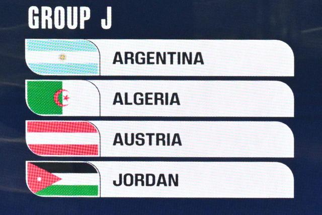 Group J nations are displayed during the draw for the 2026 FIFA Football World Cup taking place in the US, Canada and Mexico, at the Kennedy Center, in Washington, DC, on December 5, 2025. (Photo by Roberto SCHMIDT / AFP)