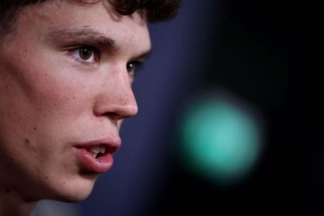 French cyclist Paul Magnier poses for a photocall ahead of the Velo d'Or 2025 award ceremony at the Pavillon Gabriel in Paris on December 5, 2025. (Photo by Anne-Christine POUJOULAT / AFP)