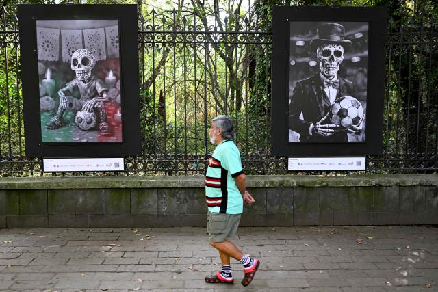 A man walks past 2026 FIFA world cup themed watercolor paintings by Cynthia Saide at Chapultepec Park in Mexico City on December 5, 2025. The draw for the 2026 World Cup, held this Friday in Washington, shaped an unprecedented group stage: 48 teams distributed into 12 groups of four teams each, with the hosts United States, Mexico and Canada seeded in Groups D, A and B, respectively. (Photo by Yuri CORTEZ / AFP)