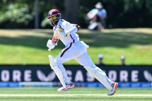 West Indies' Shai Hope runs between the wickets during day five of the first Test cricket match between New Zealand and West Indies at Hagley Oval in Christchurch on December 6, 2025. (Photo by Sanka Vidanagama / AFP)