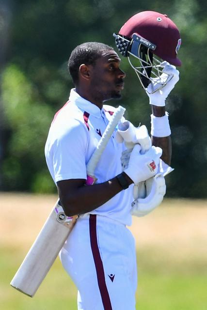 West Indies' Justin Greaves looks on during day five of the first Test cricket match between New Zealand and West Indies at Hagley Oval in Christchurch on December 6, 2025. (Photo by Sanka Vidanagama / AFP)