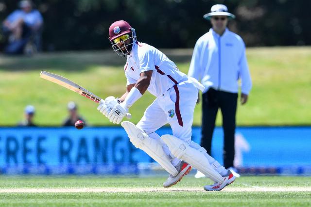 West Indies' Shai Hope plays a shot on day five of the first Test cricket match between New Zealand and West Indies at Hagley Oval in Christchurch on December 6, 2025. (Photo by Sanka Vidanagama / AFP)