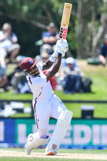West Indies' Justin Greaves bats during day five of the first Test cricket match between New Zealand and West Indies at Hagley Oval in Christchurch on December 6, 2025. (Photo by Sanka Vidanagama / AFP)