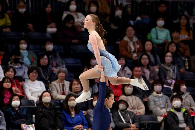 Canada's Ava Kemp and Yohnatan Elizarov compete in the Junior Pairs Free Skating at the ISU Grand Prix of Figure Skating Final in Nagoya on December 6, 2025. (Photo by PAUL MILLER / AFP)