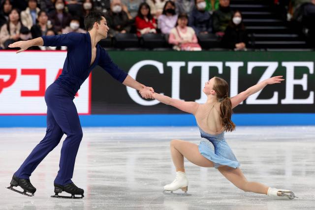 Canada's Ava Kemp and Yohnatan Elizarov compete in the Junior Pairs Free Skating at the ISU Grand Prix of Figure Skating Final in Nagoya on December 6, 2025. (Photo by PAUL MILLER / AFP)