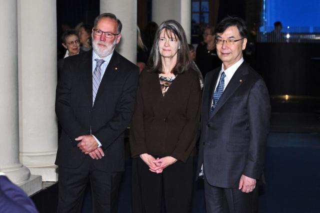 Nobel Prize in Physiology or Medicine 2025 laureates US immunologist Fred Ramsdell, US molecular biologist and immunologist Mary E Brunkow and Japanese immunologist Shimon Sakaguchi pose upon arrival at the Nobel Museum in Stockholm on December 6, 2025. (Photo by Claudio BRESCIANI / TT News Agency / AFP) / Sweden OUT
